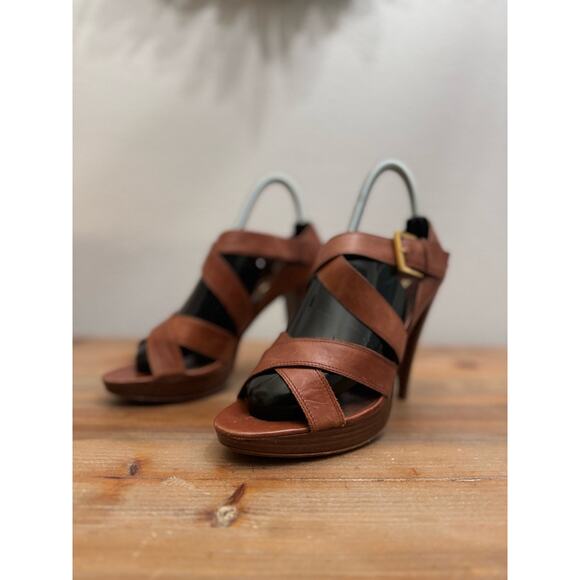 Max Studio Sandals Stiletto Platform Brown Leather Cross Strap Open Toe - Picture 3 of 10